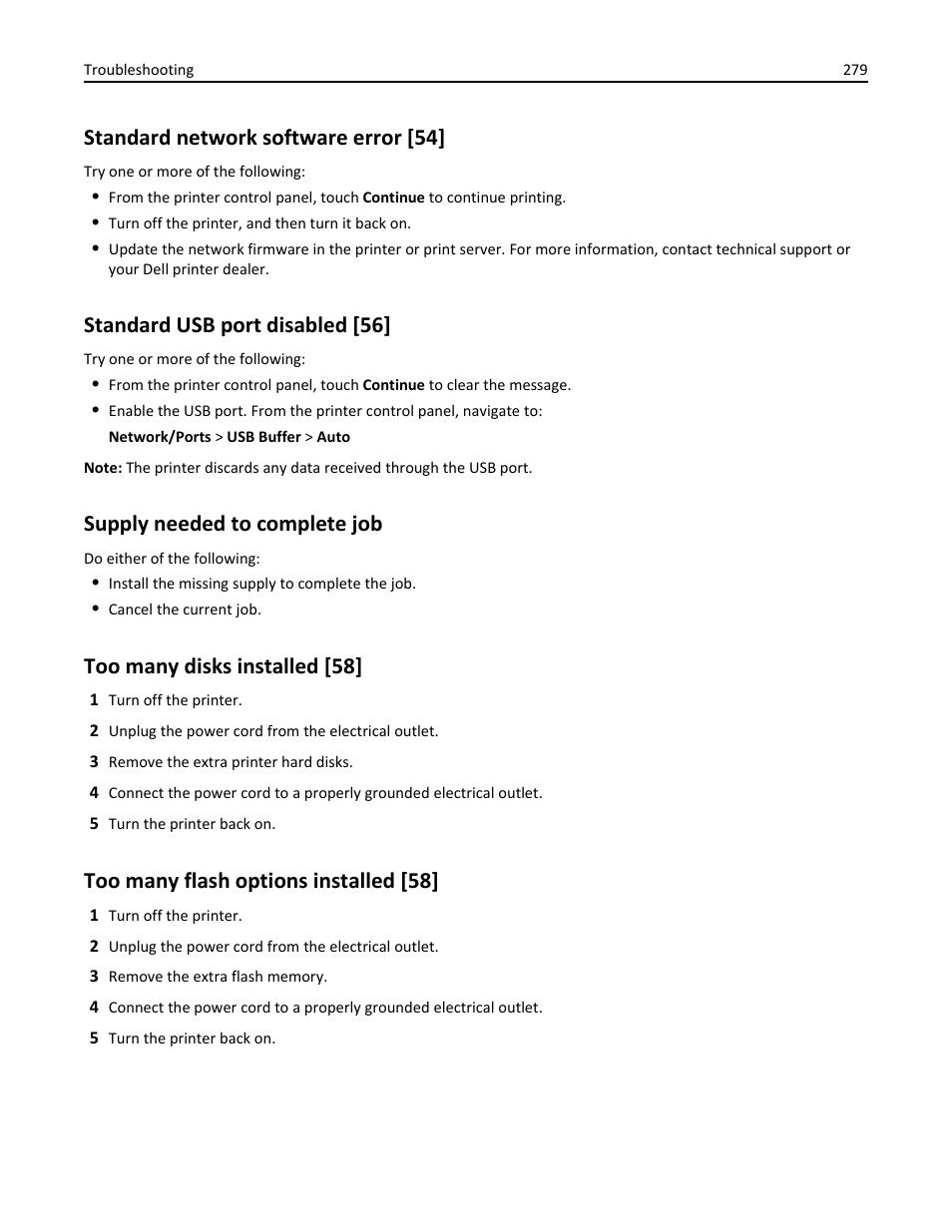 Standard network software error [54, Standard usb port disabled [56, Supply needed to complete job | Too many disks installed [58, Too many flash options installed [58 | Dell B5465dnf Mono Laser Printer MFP User Manual | Page 279 / 342