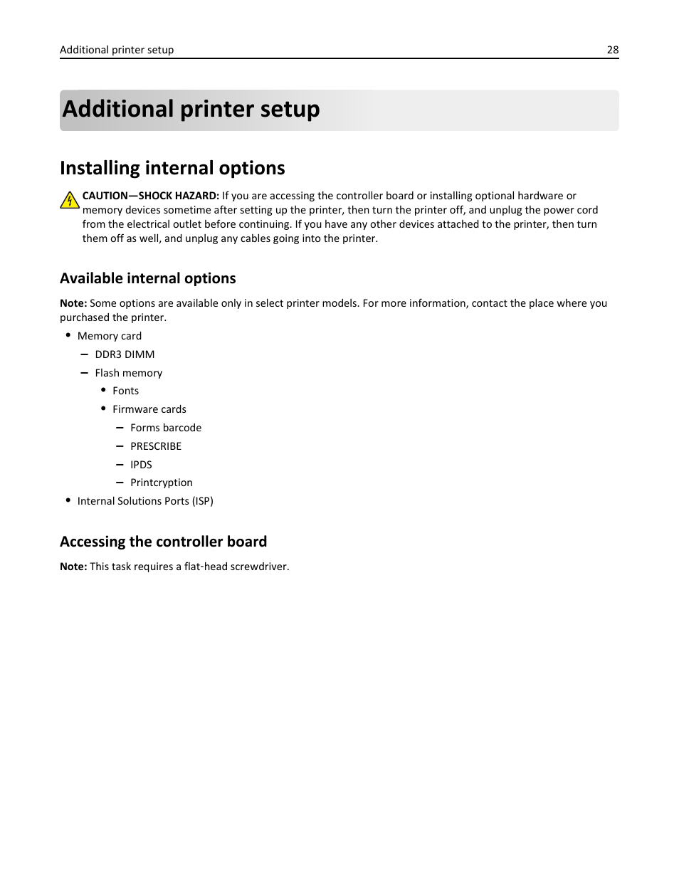 Additional printer setup, Installing internal options, Available internal options | Accessing the controller board | Dell B5465dnf Mono Laser Printer MFP User Manual | Page 28 / 342