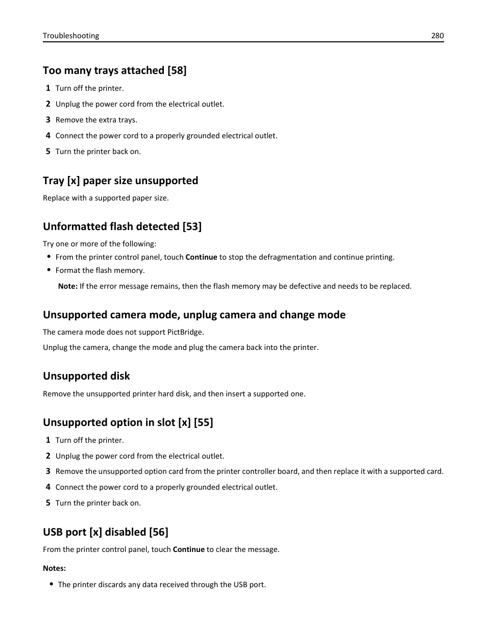 Too many trays attached [58, Tray [x] paper size unsupported, Unformatted flash detected [53 | Unsupported disk, Unsupported option in slot [x] [55, Usb port [x] disabled [56 | Dell B5465dnf Mono Laser Printer MFP User Manual | Page 280 / 342