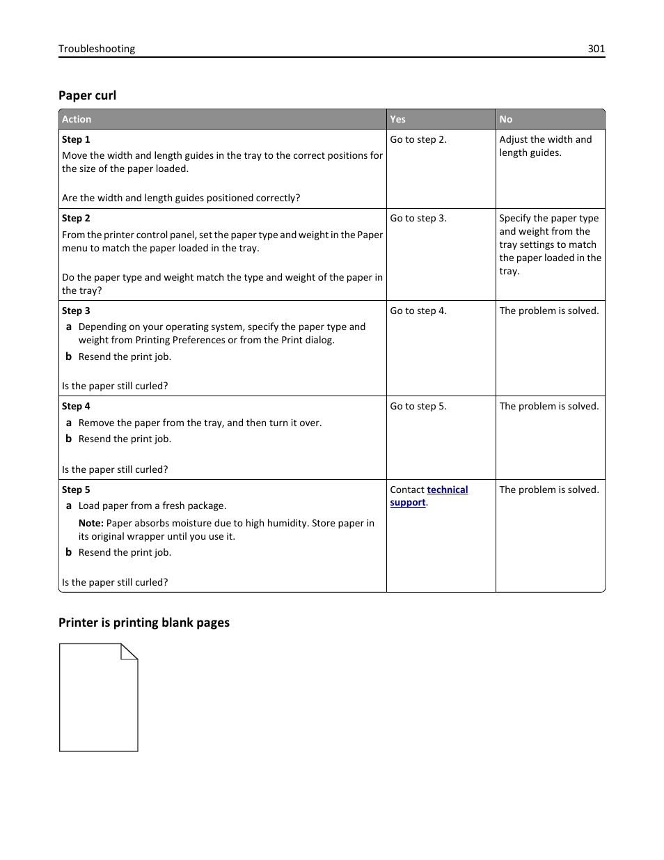 Paper curl, Printer is printing blank pages | Dell B5465dnf Mono Laser Printer MFP User Manual | Page 301 / 342