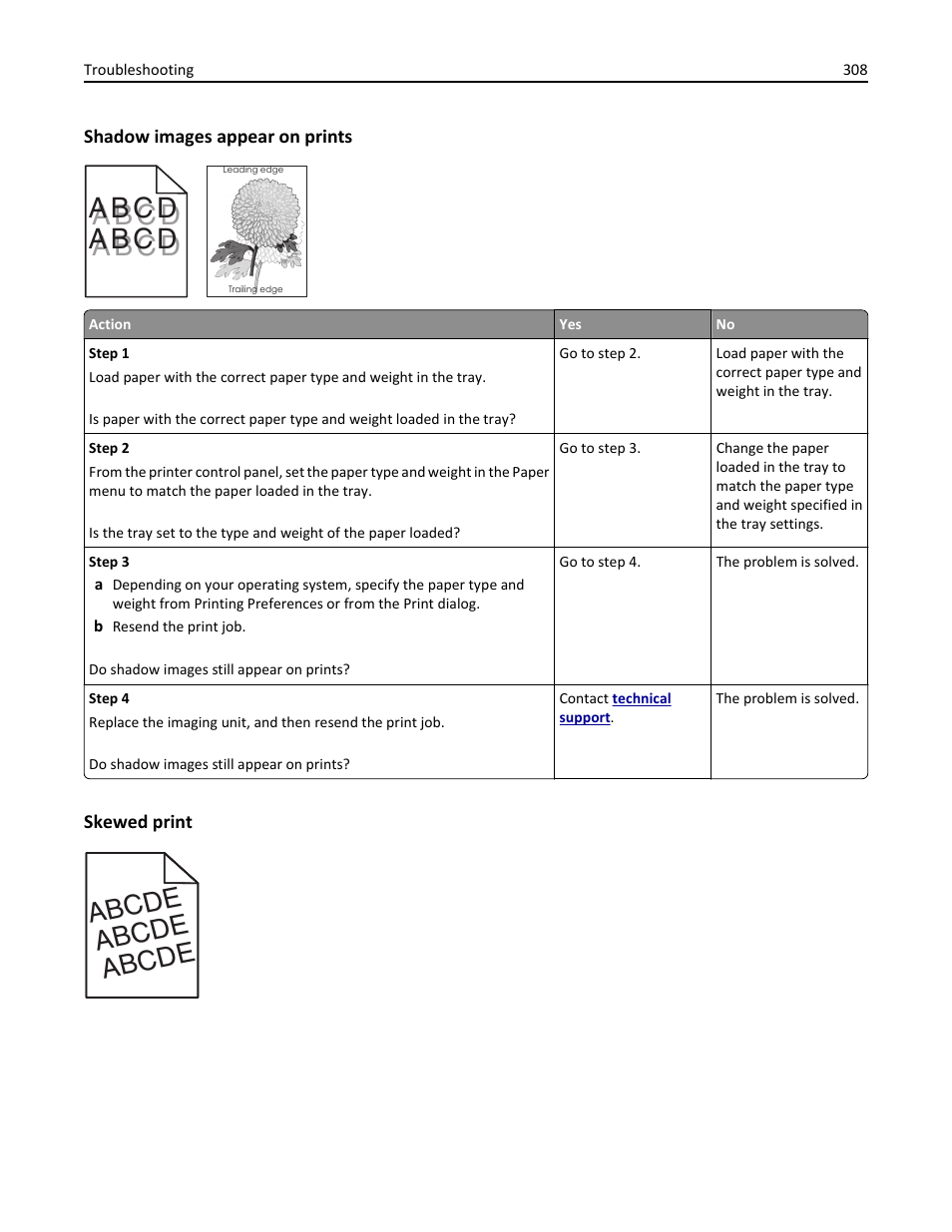 Shadow images appear on prints, Skewed print, Abcde | Dell B5465dnf Mono Laser Printer MFP User Manual | Page 308 / 342