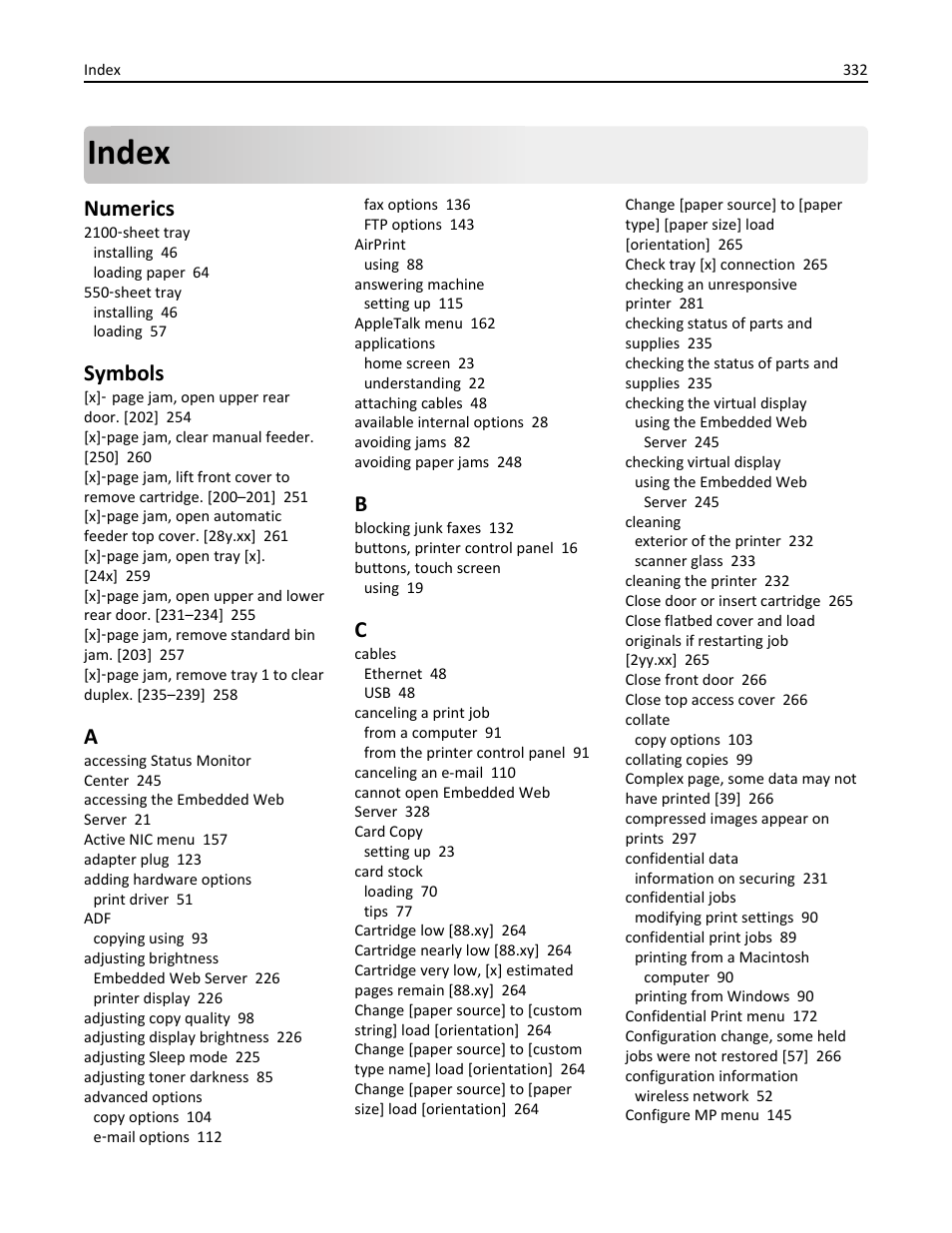 Index, Numerics, Symbols | Dell B5465dnf Mono Laser Printer MFP User Manual | Page 332 / 342