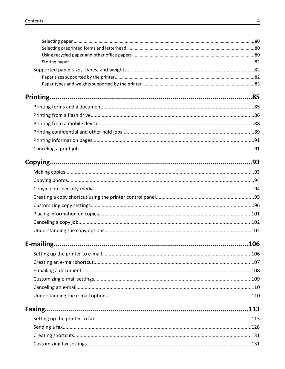 Printing, Copying, E-mailing | Faxing | Dell B5465dnf Mono Laser Printer MFP User Manual | Page 4 / 342