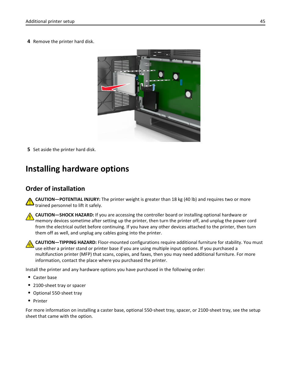 Installing hardware options, Order of installation | Dell B5465dnf Mono Laser Printer MFP User Manual | Page 45 / 342