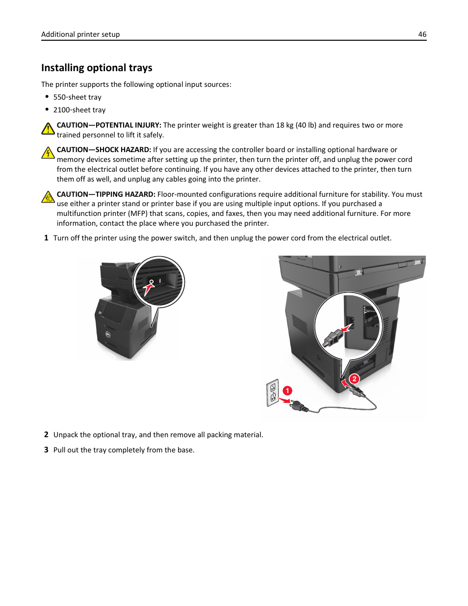 Installing optional trays | Dell B5465dnf Mono Laser Printer MFP User Manual | Page 46 / 342