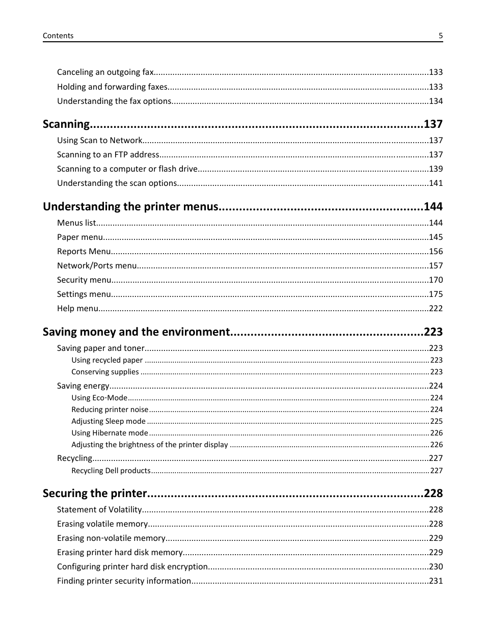 Scanning, Understanding the printer menus, Saving money and the environment | Securing the printer | Dell B5465dnf Mono Laser Printer MFP User Manual | Page 5 / 342