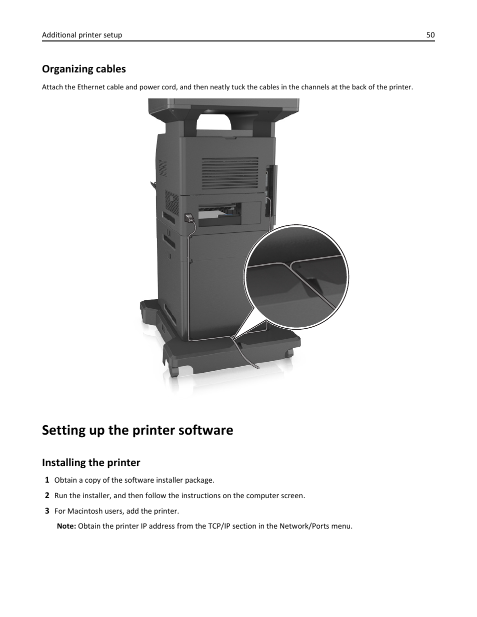 Setting up the printer software, Installing the printer, Organizing cables | Dell B5465dnf Mono Laser Printer MFP User Manual | Page 50 / 342