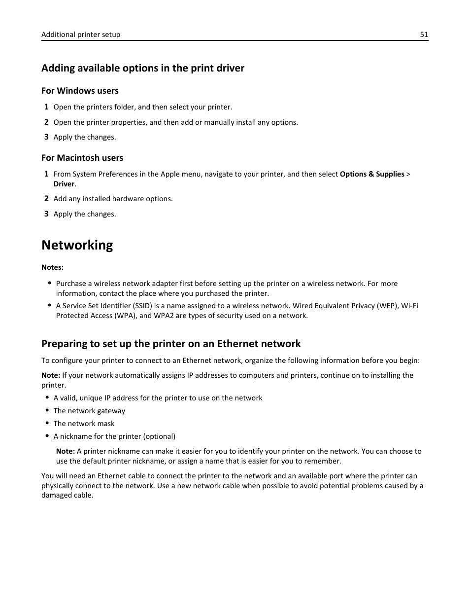 Adding available options in the print driver, Networking, Adding | Dell B5465dnf Mono Laser Printer MFP User Manual | Page 51 / 342