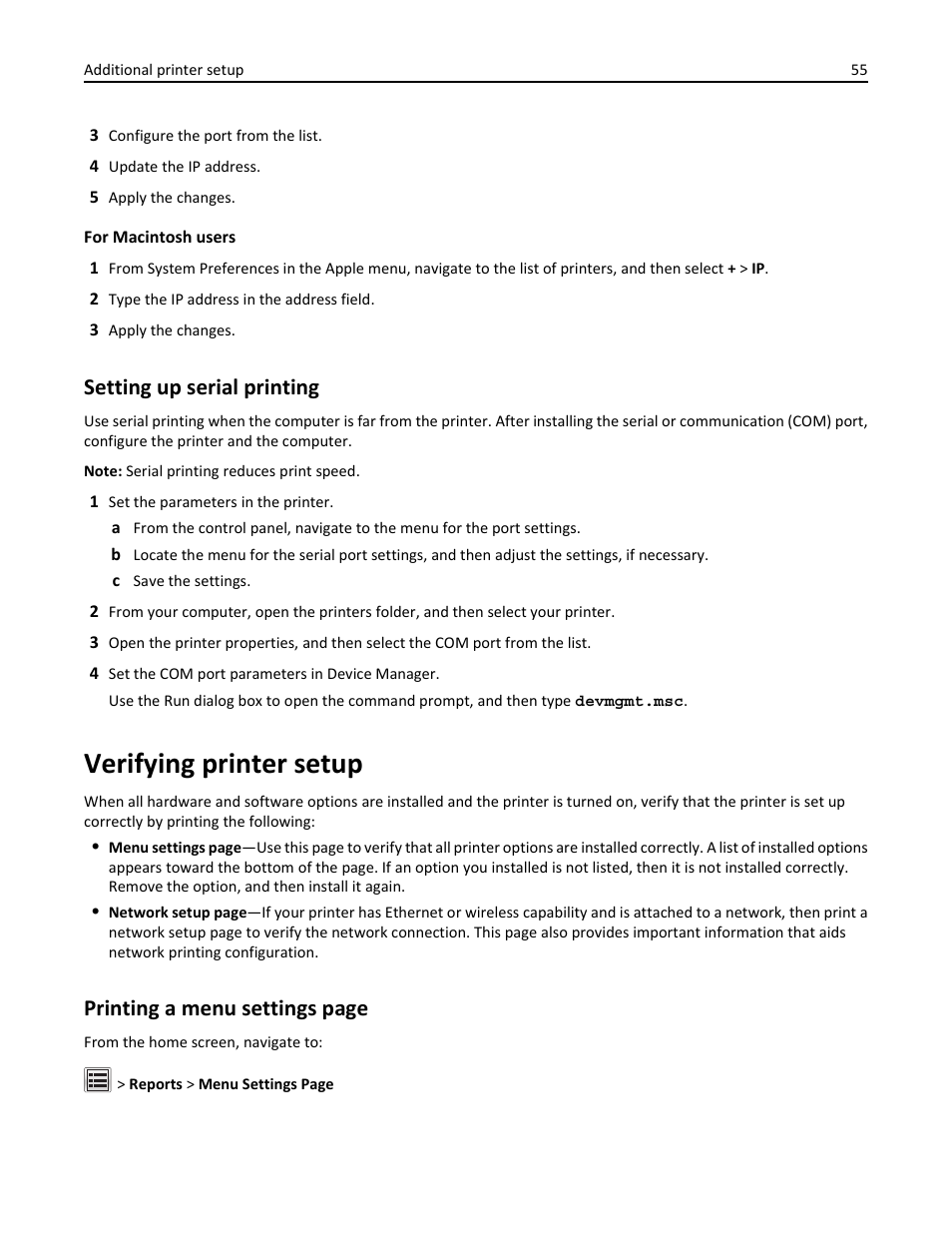 Setting up serial printing, Verifying printer setup, Printing a menu settings page | Dell B5465dnf Mono Laser Printer MFP User Manual | Page 55 / 342