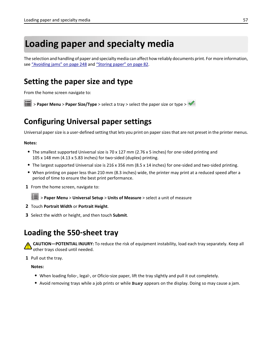 Loading paper and specialty media, Setting the paper size and type, Configuring universal paper settings | Loading the 550-sheet tray, Loading the 550, Sheet tray, Loading the 550 ‑ sheet tray | Dell B5465dnf Mono Laser Printer MFP User Manual | Page 57 / 342