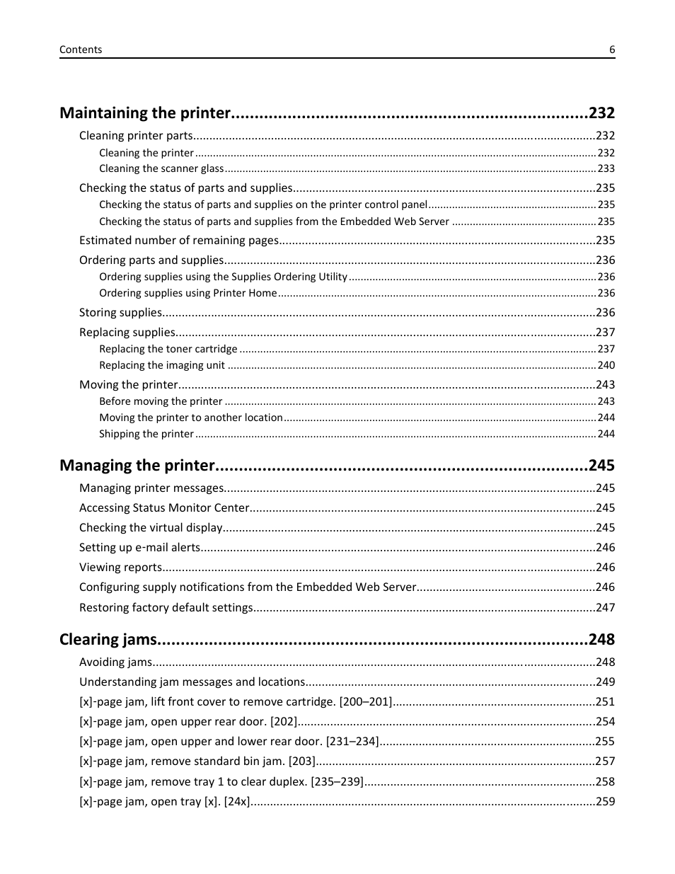 Maintaining the printer, Managing the printer, Clearing jams | Dell B5465dnf Mono Laser Printer MFP User Manual | Page 6 / 342