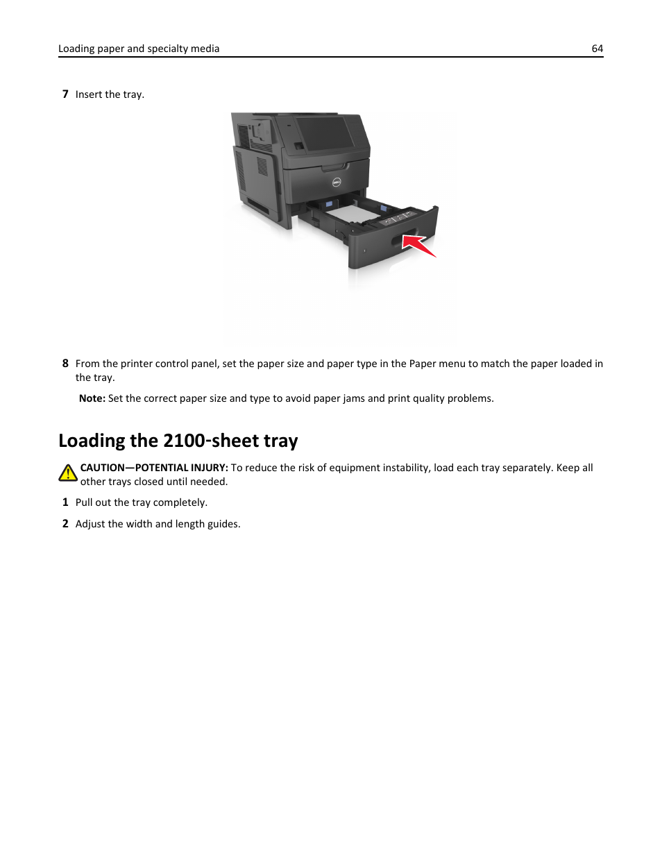 Loading the 2100-sheet tray, Loading the 2100, Sheet tray | Loading the 2100 ‑ sheet tray | Dell B5465dnf Mono Laser Printer MFP User Manual | Page 64 / 342