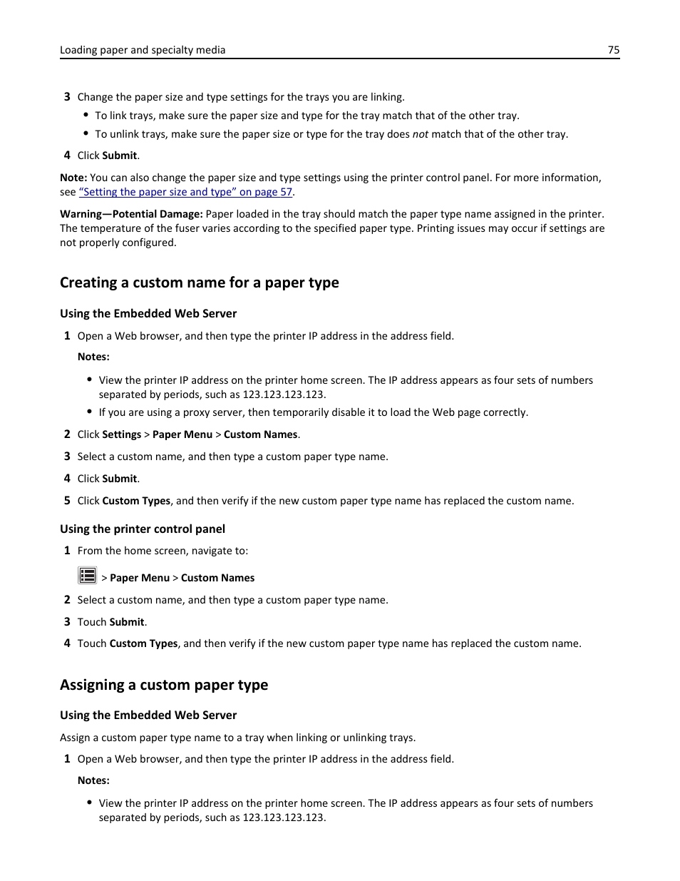 Creating a custom name for a paper type, Assigning a custom paper type | Dell B5465dnf Mono Laser Printer MFP User Manual | Page 75 / 342