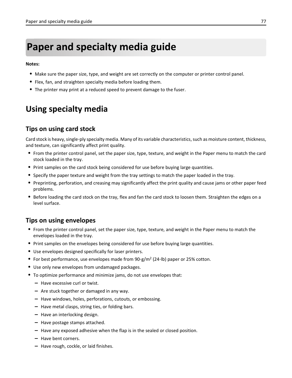 Paper and specialty media guide, Using specialty media, Tips on using card stock | Tips on using envelopes, Tips on using card stock tips on using envelopes | Dell B5465dnf Mono Laser Printer MFP User Manual | Page 77 / 342