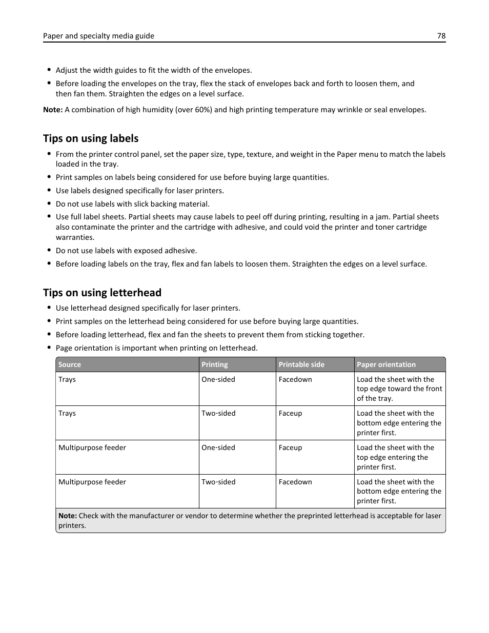 Tips on using labels, Tips on using letterhead, Tips on using labels tips on using letterhead | Dell B5465dnf Mono Laser Printer MFP User Manual | Page 78 / 342