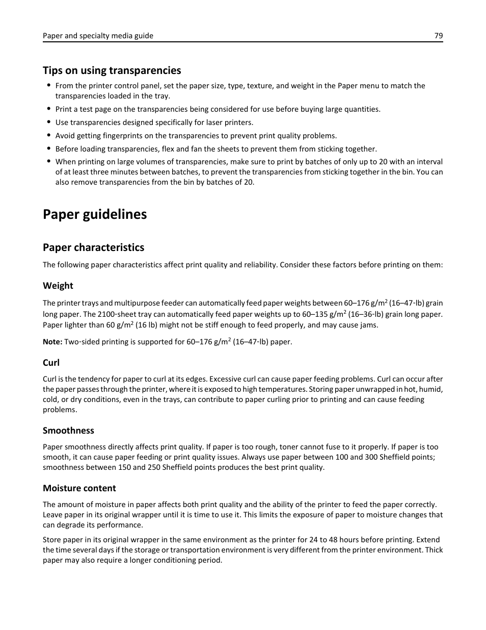 Tips on using transparencies, Paper guidelines, Paper characteristics | Dell B5465dnf Mono Laser Printer MFP User Manual | Page 79 / 342