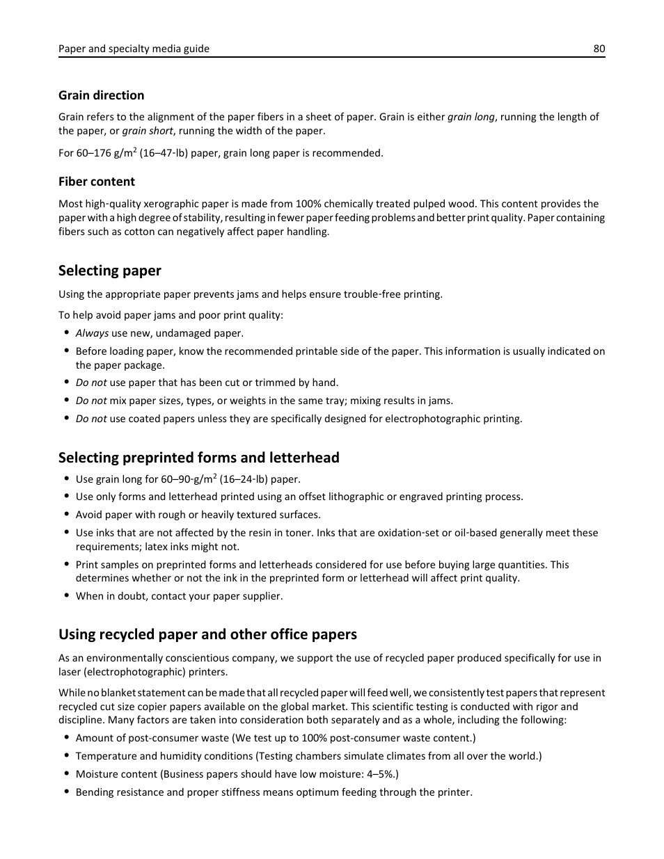 Selecting paper, Selecting preprinted forms and letterhead, Using recycled paper and other office papers | Dell B5465dnf Mono Laser Printer MFP User Manual | Page 80 / 342