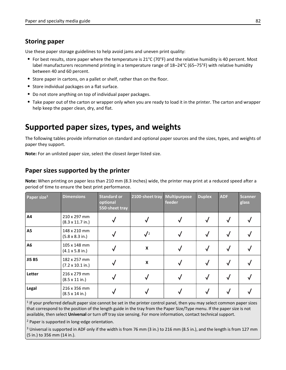 Storing paper, Supported paper sizes, types, and weights, Paper sizes supported by the printer | Dell B5465dnf Mono Laser Printer MFP User Manual | Page 82 / 342