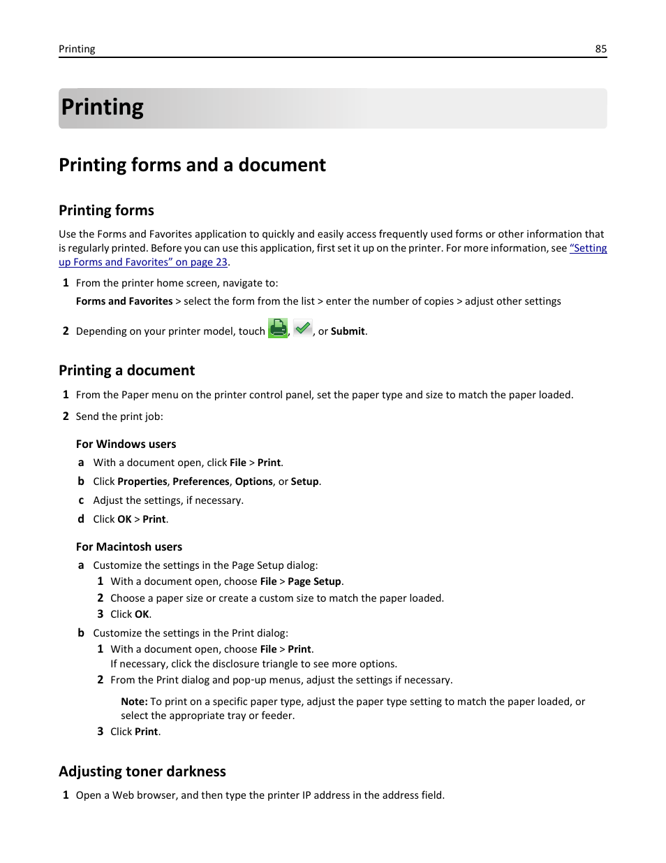 Printing, Printing forms and a document, Printing forms | Printing a document, Adjusting toner darkness | Dell B5465dnf Mono Laser Printer MFP User Manual | Page 85 / 342