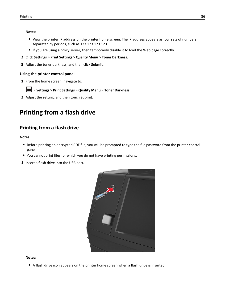 Printing from a flash drive | Dell B5465dnf Mono Laser Printer MFP User Manual | Page 86 / 342