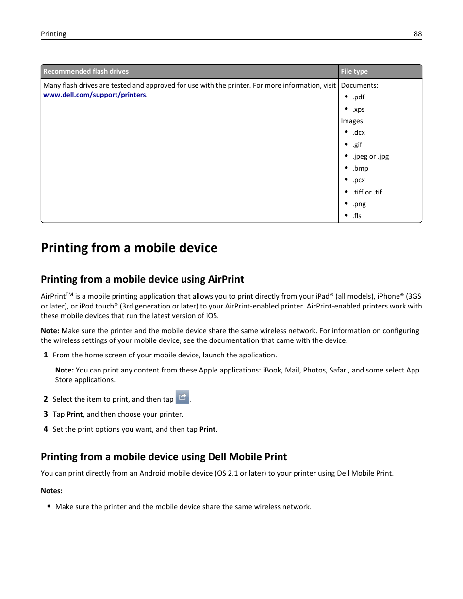 Printing from a mobile device, Printing from a mobile device using airprint | Dell B5465dnf Mono Laser Printer MFP User Manual | Page 88 / 342