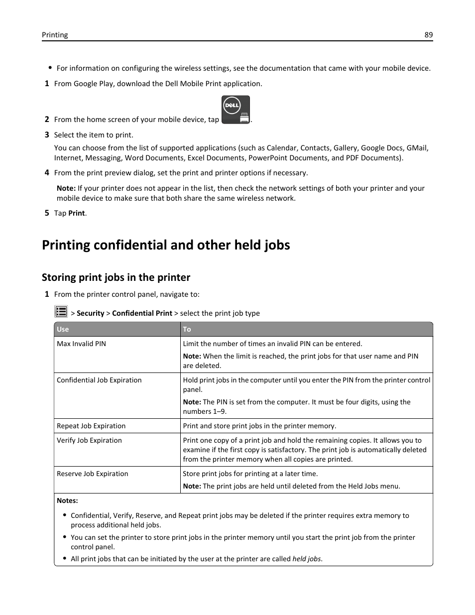 Printing confidential and other held jobs, Storing print jobs in the printer | Dell B5465dnf Mono Laser Printer MFP User Manual | Page 89 / 342