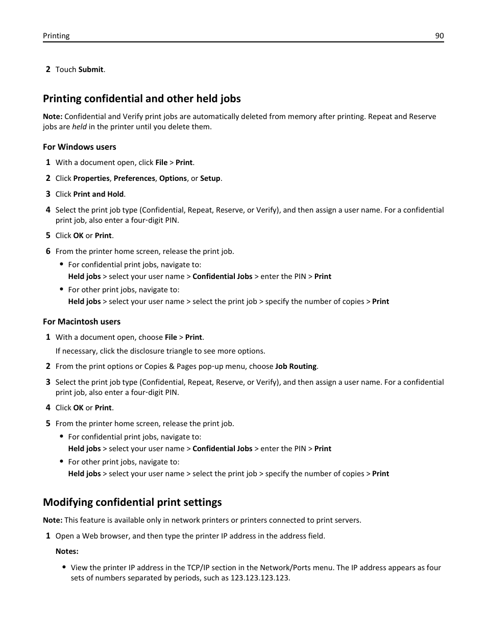 Printing confidential and other held jobs, Modifying confidential print settings | Dell B5465dnf Mono Laser Printer MFP User Manual | Page 90 / 342