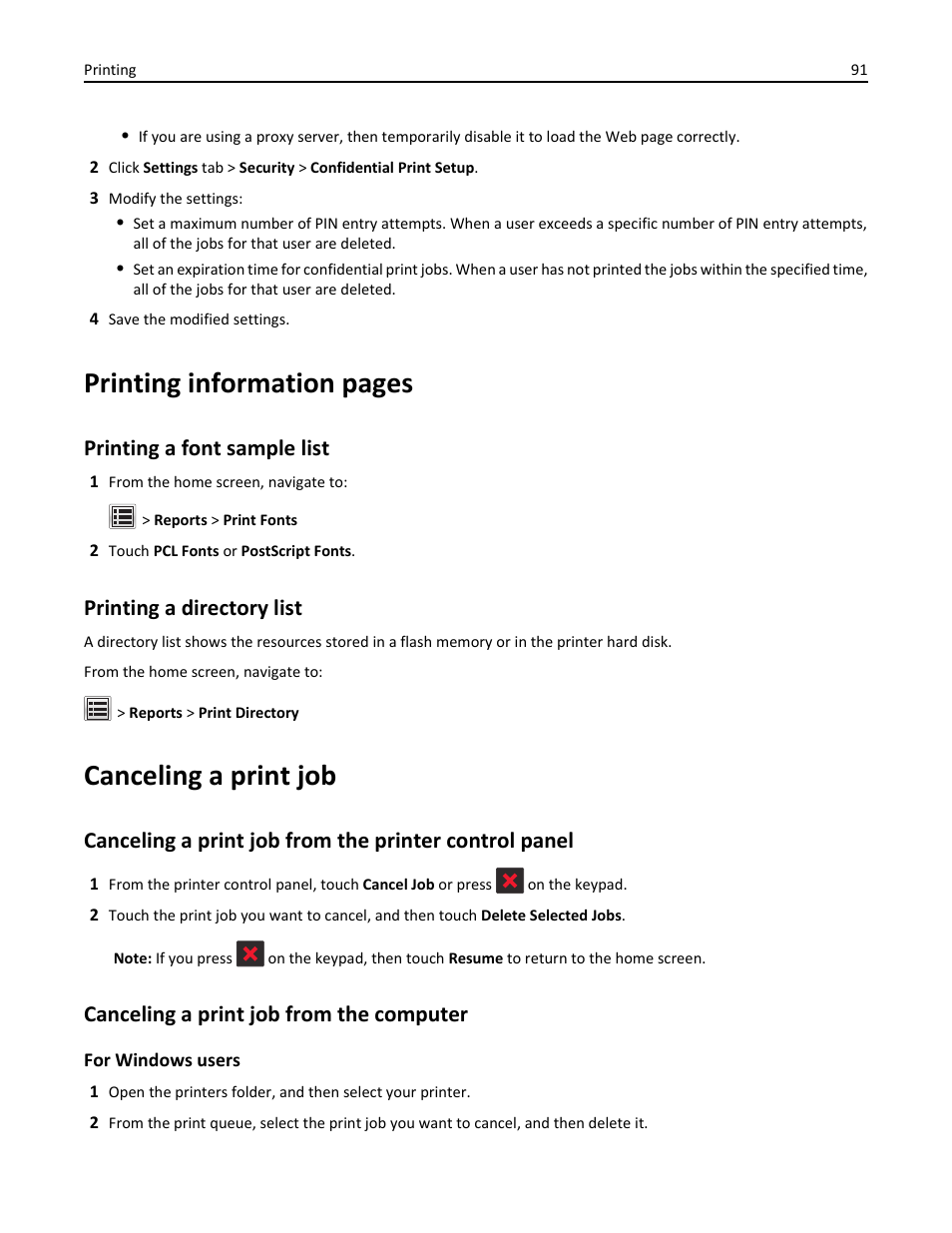 Printing a font sample list, Printing a directory list, Canceling a print job | Canceling a print job from the computer, Printing information pages | Dell B5465dnf Mono Laser Printer MFP User Manual | Page 91 / 342