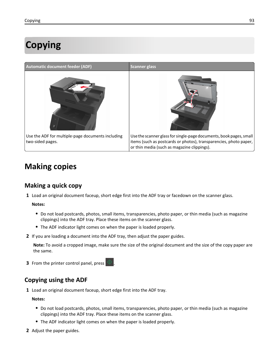 Copying, Making copies, Making a quick copy | Copying using the adf | Dell B5465dnf Mono Laser Printer MFP User Manual | Page 93 / 342