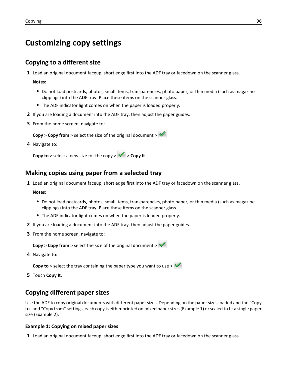 Customizing copy settings, Copying to a different size, Making copies using paper from a selected tray | Copying different paper sizes | Dell B5465dnf Mono Laser Printer MFP User Manual | Page 96 / 342