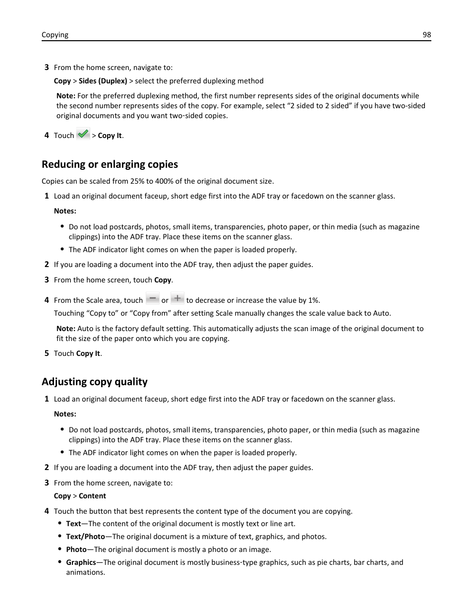 Reducing or enlarging copies, Adjusting copy quality | Dell B5465dnf Mono Laser Printer MFP User Manual | Page 98 / 342