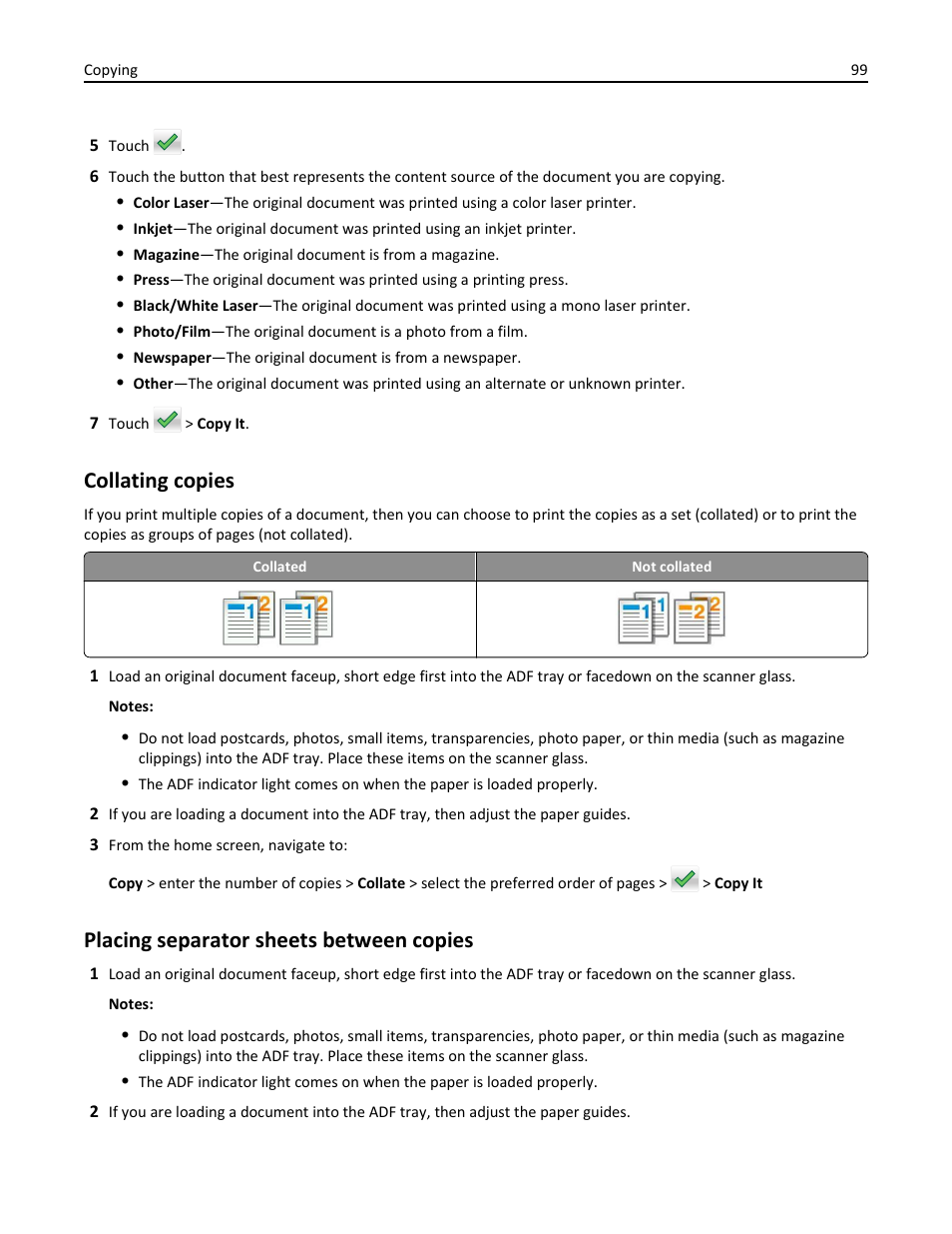 Collating copies, Placing separator sheets between copies | Dell B5465dnf Mono Laser Printer MFP User Manual | Page 99 / 342