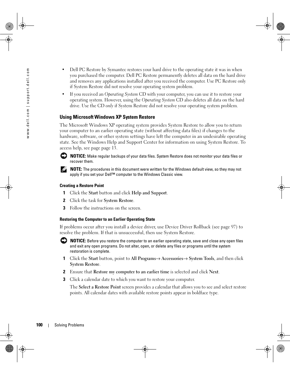 Using microsoft windows xp system restore, Using microsoft | Dell Inspiron 630m User Manual | Page 100 / 180