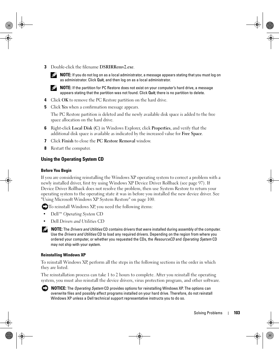 Using the operating system cd | Dell Inspiron 630m User Manual | Page 103 / 180
