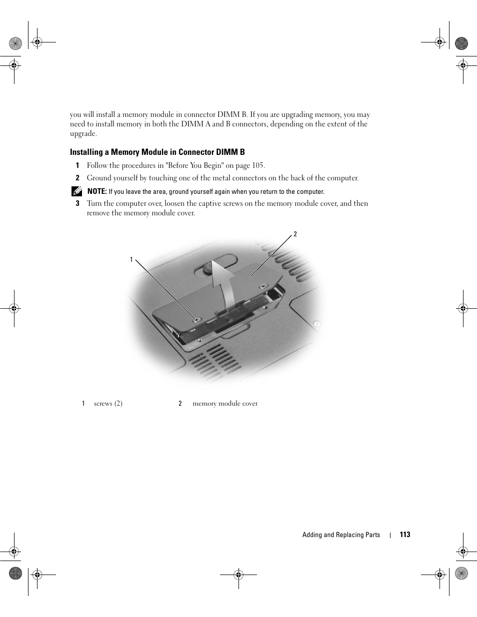 Installing a memory module in connector dimm b | Dell Inspiron 630m User Manual | Page 113 / 180