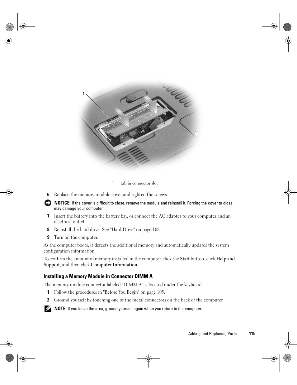 Installing a memory module in connector dimm a | Dell Inspiron 630m User Manual | Page 115 / 180