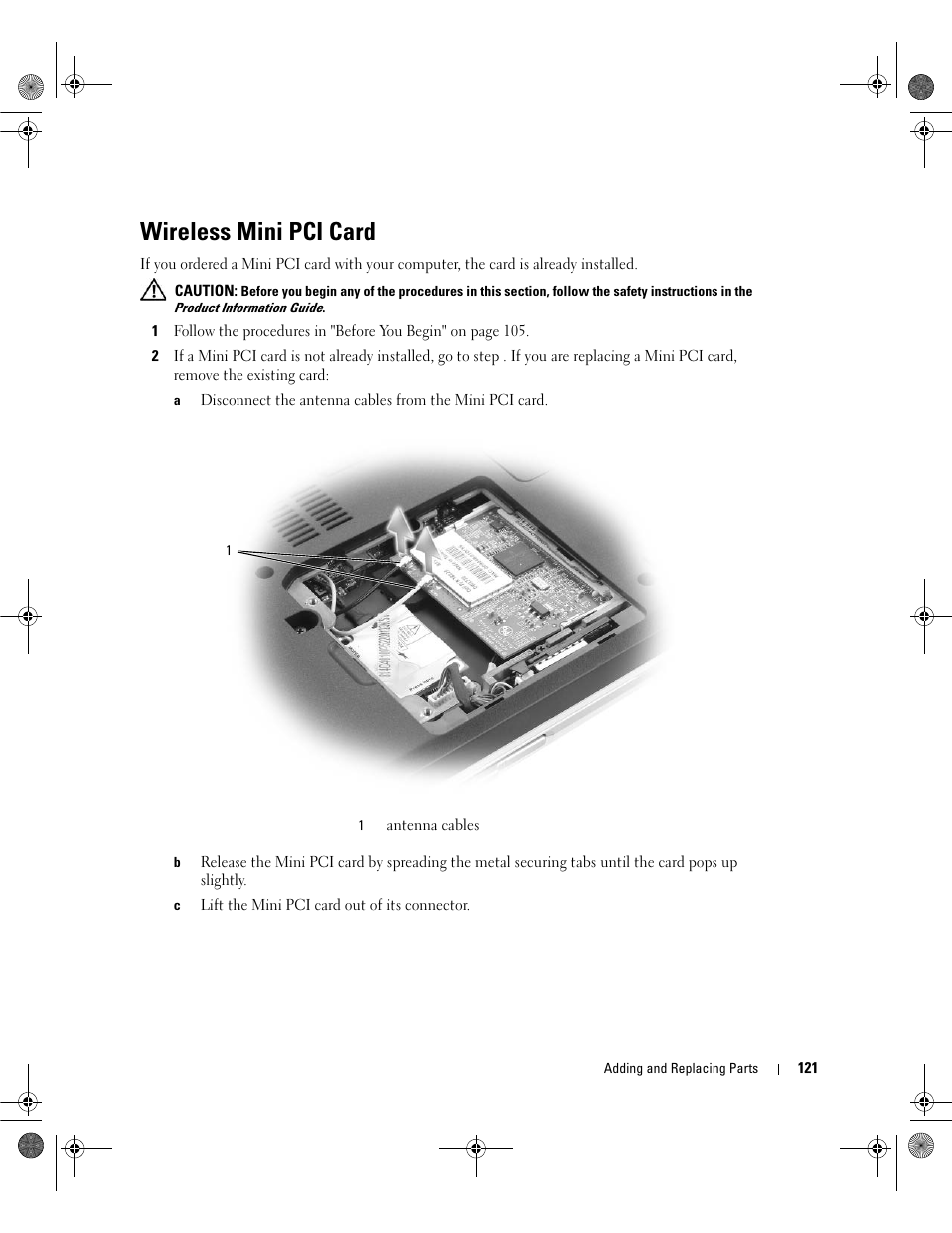 Wireless mini pci card | Dell Inspiron 630m User Manual | Page 121 / 180