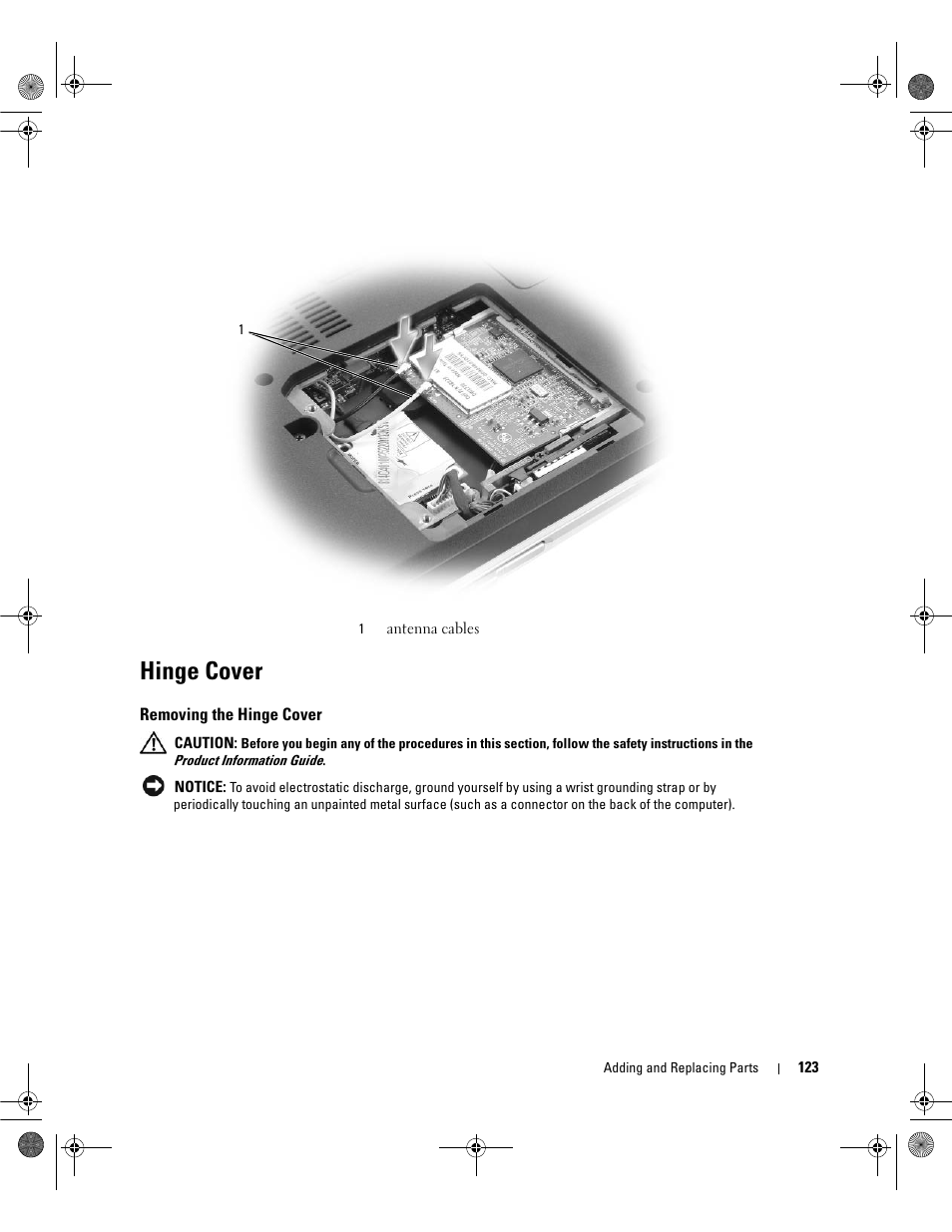 Hinge cover, Removing the hinge cover | Dell Inspiron 630m User Manual | Page 123 / 180