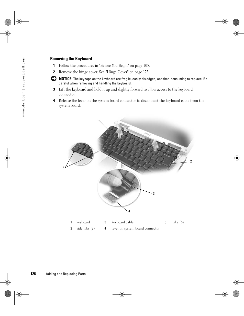 Removing the keyboard | Dell Inspiron 630m User Manual | Page 126 / 180