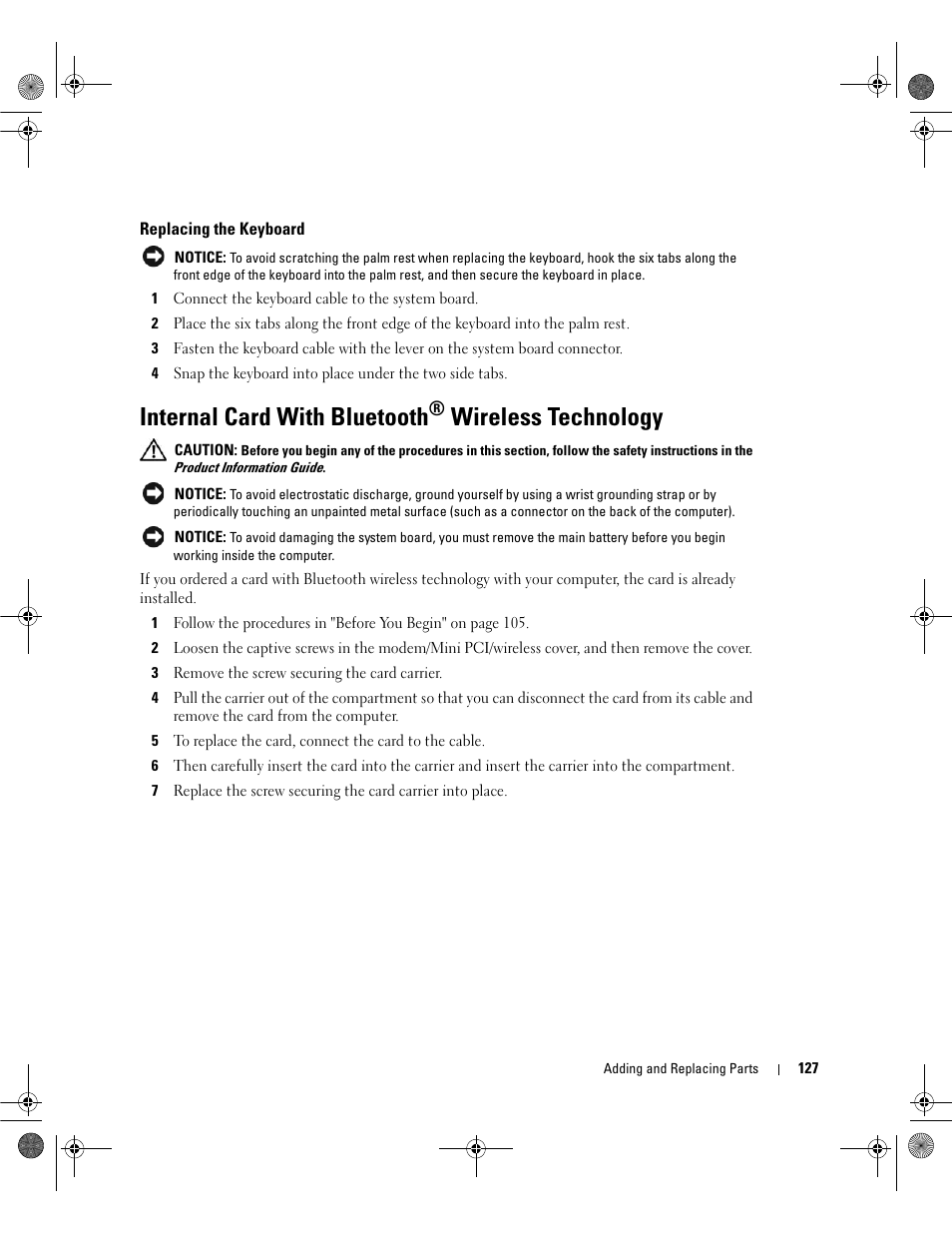 Replacing the keyboard, Internal card with bluetooth® wireless technology, Internal card with bluetooth | Wireless technology | Dell Inspiron 630m User Manual | Page 127 / 180