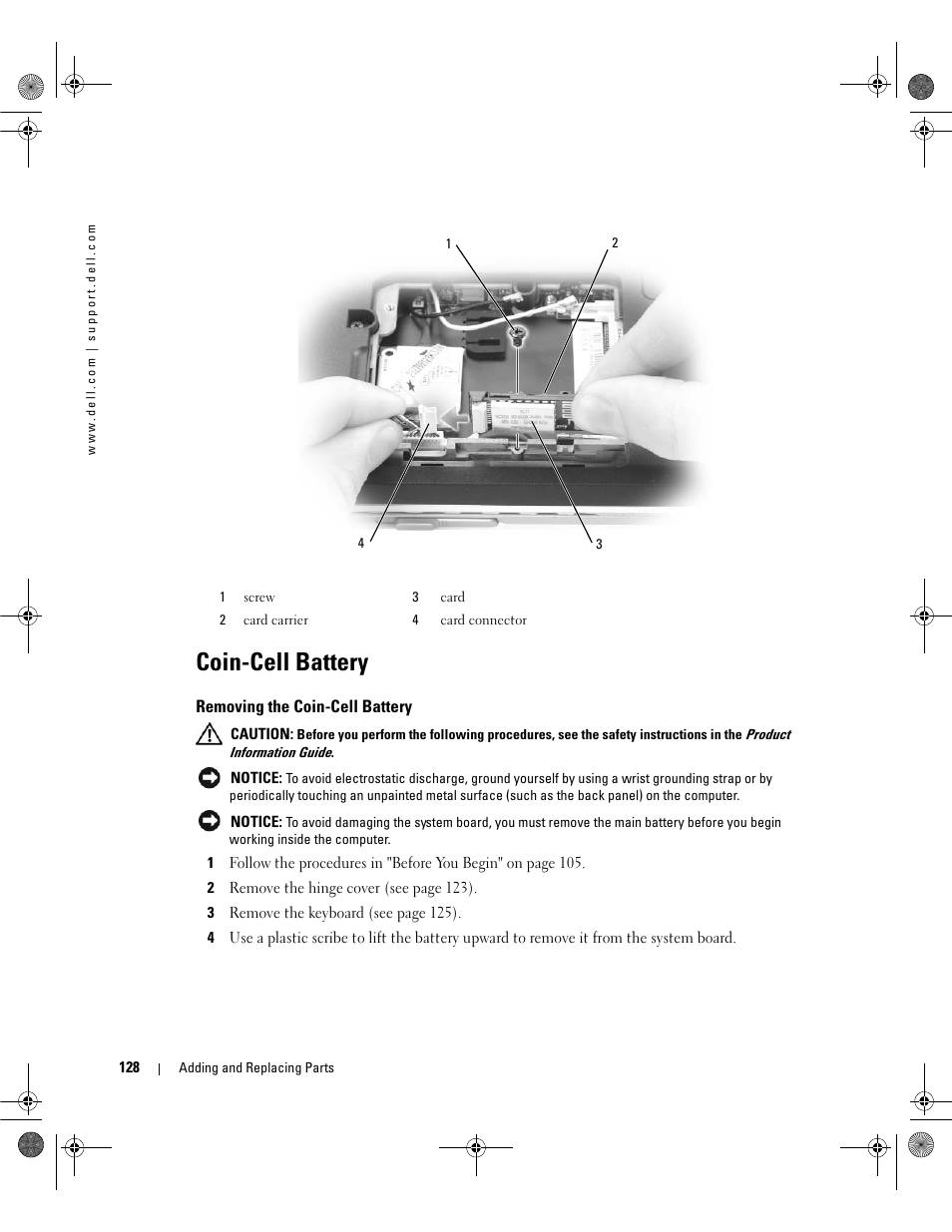 Coin-cell battery, Removing the coin-cell battery | Dell Inspiron 630m User Manual | Page 128 / 180