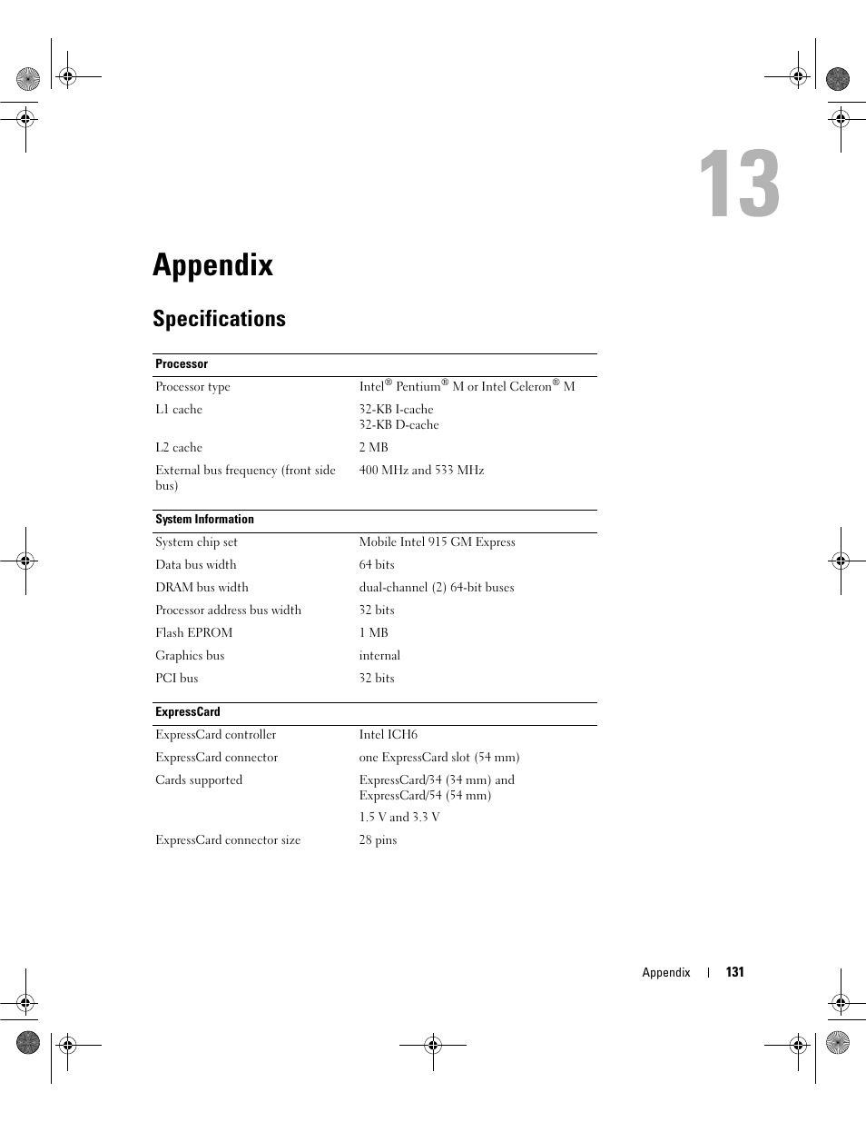 Appendix, Specifications, 13 appendix | Dell Inspiron 630m User Manual | Page 131 / 180