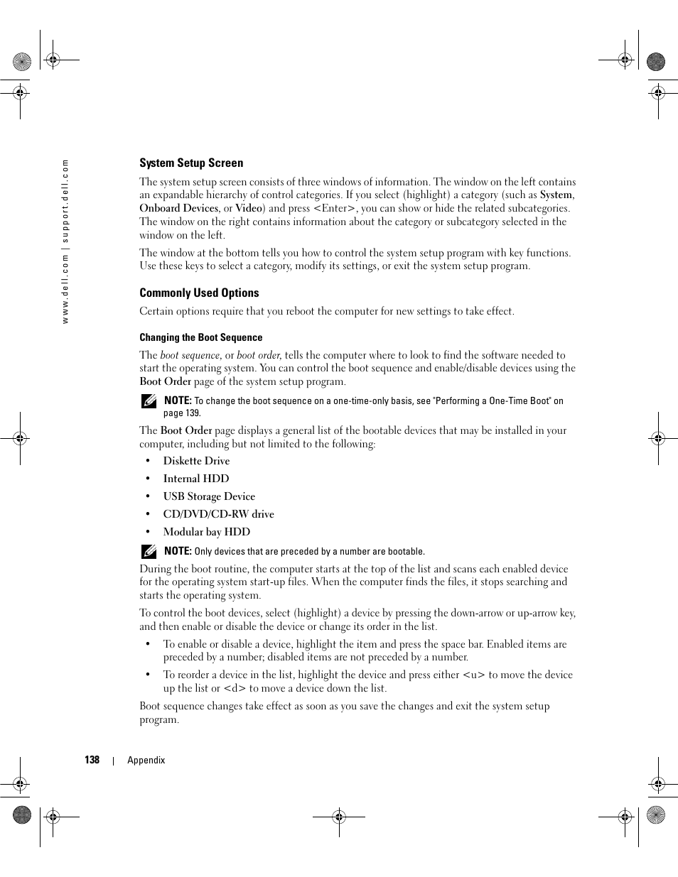 System setup screen, Commonly used options | Dell Inspiron 630m User Manual | Page 138 / 180