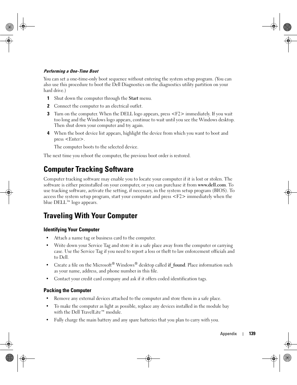 Computer tracking software, Traveling with your computer, Identifying your computer | Packing the computer | Dell Inspiron 630m User Manual | Page 139 / 180