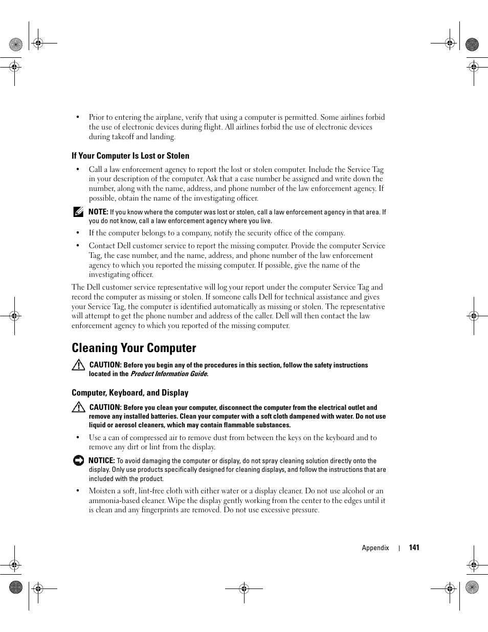 If your computer is lost or stolen, Cleaning your computer, Computer, keyboard, and display | Dell Inspiron 630m User Manual | Page 141 / 180