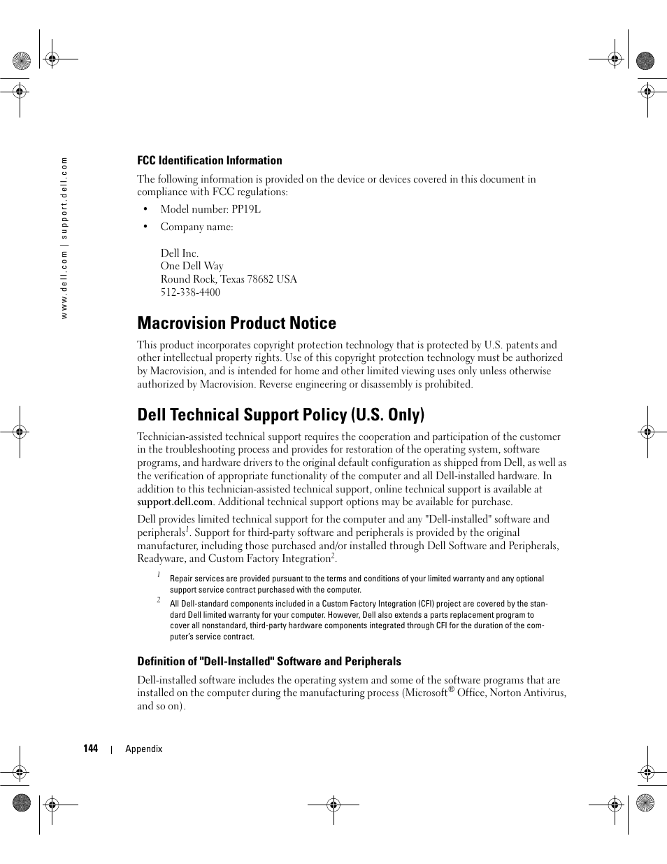 Fcc identification information, Macrovision product notice, Dell technical support policy (u.s. only) | Dell Inspiron 630m User Manual | Page 144 / 180