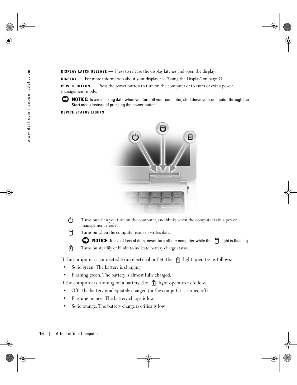 Display latch release, Display, Power button | Device status lights | Dell Inspiron 630m User Manual | Page 16 / 180