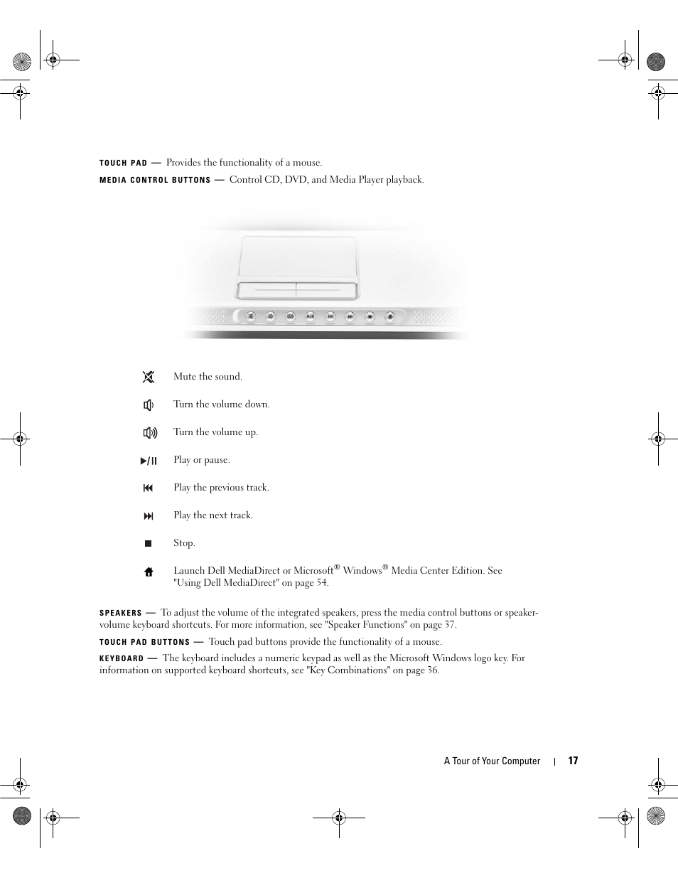 Touch pad, Keyboard, Media control buttons | Speakers, Touch pad buttons | Dell Inspiron 630m User Manual | Page 17 / 180