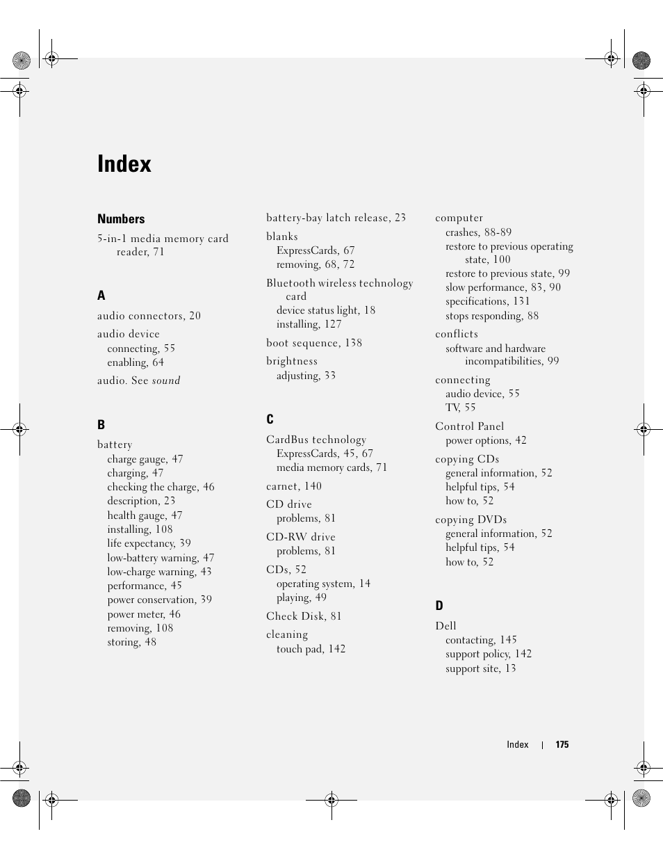 Index | Dell Inspiron 630m User Manual | Page 175 / 180