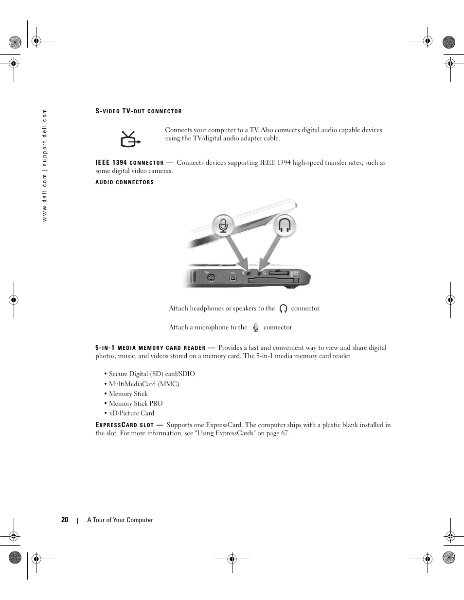 Ieee 1394 connector, In-1 media memory card reader, Microphone connector | Expresscard slot, S-video tv-out connector, Headphone connector | Dell Inspiron 630m User Manual | Page 20 / 180